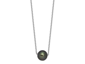 Rhodium Over Sterling Silver 8-9mm Semi-round Tahitian Saltwater Cultured Pearl Necklace