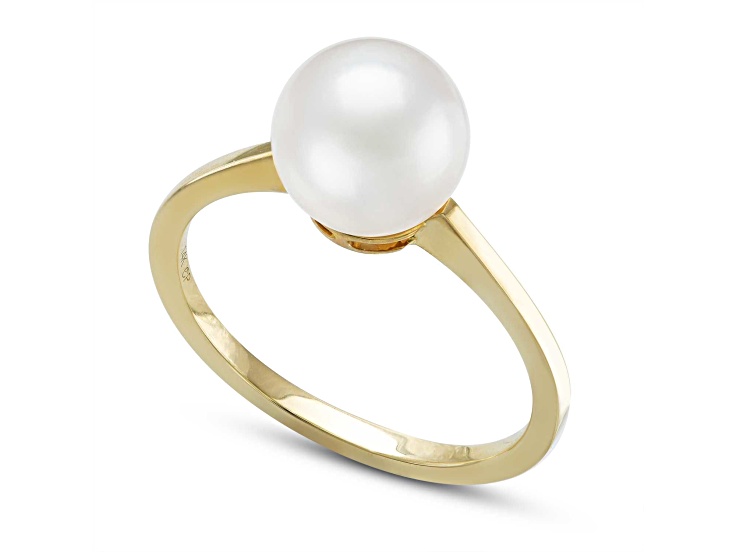 8-8.5mm White Cultured Japanese Akoya Pearl 14kt Yellow Gold Ring ...