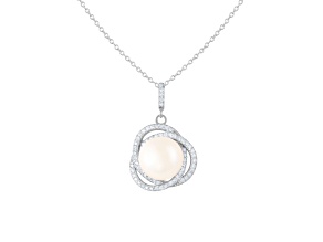 11-12mm Button White Cultured Freshwater Pearl and CZ Rhodium Over Sterling Silver Pendant