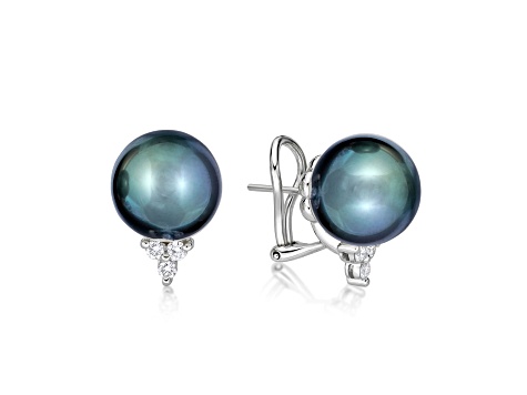 14KW Earrings 0.30 ctw Diamond 11 mm  Tahitian Black Cultured Pearl