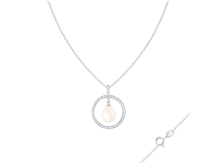 8-9mm Drop White Cultured Freshwater Pearl and CZ Rhodium Over Sterling Silver Pendant