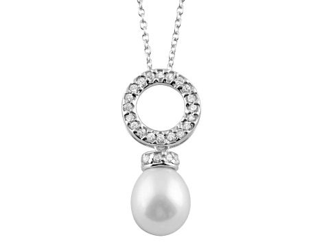 8-8.5mm White Cultured Freshwater Pearl Sterling Silver Pendant W/Chain