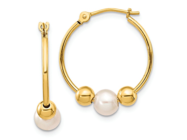 14K Yellow Gold 5-6mm White Semi-round Freshwater Cultured Pearl Polished Hoop Earrings