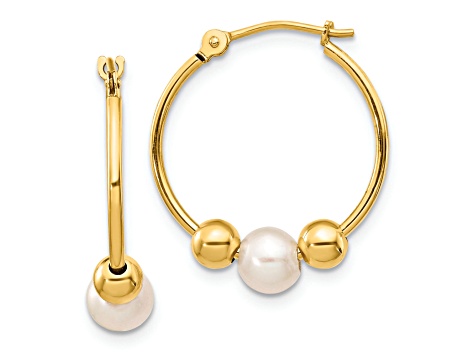 14K Yellow Gold 5-6mm White Semi-round Freshwater Cultured Pearl Polished Hoop Earrings