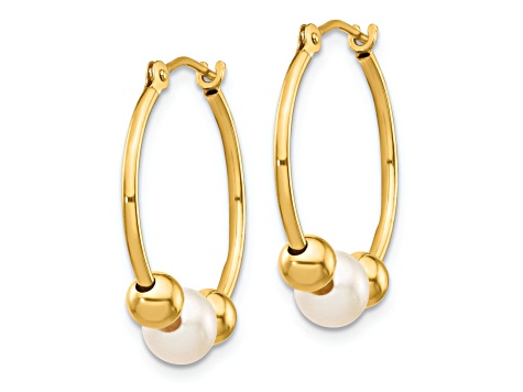 14K Yellow Gold 5-6mm White Semi-round Freshwater Cultured Pearl Polished Hoop Earrings