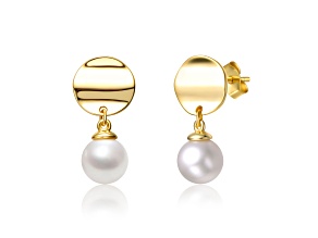 Freshwater Pearl, 14K Gold Plated over Sterling Silver Gold Medallion Dangle Earrings