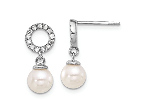 Rhodium Over 14K White Gold 6-7mm Round White Akoya Cultured Pearl and 0.20ctw Diamond Earrings