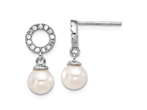 Rhodium Over 14K White Gold 6-7mm Round White Akoya Cultured Pearl and 0.20ctw Diamond Earrings