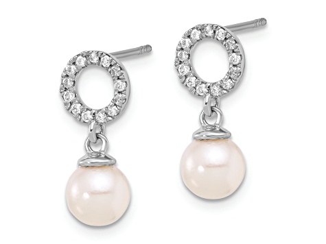 Rhodium Over 14K White Gold 6-7mm Round White Akoya Cultured Pearl and 0.20ctw Diamond Earrings