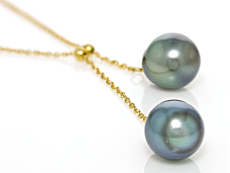 Peacock Tahitian Cultured Pearls 18k Yellow Gold 15 Inch Lariat Necklace