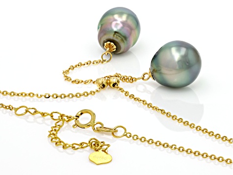 Peacock Tahitian Cultured Pearls 18k Yellow Gold 15 Inch Lariat Necklace