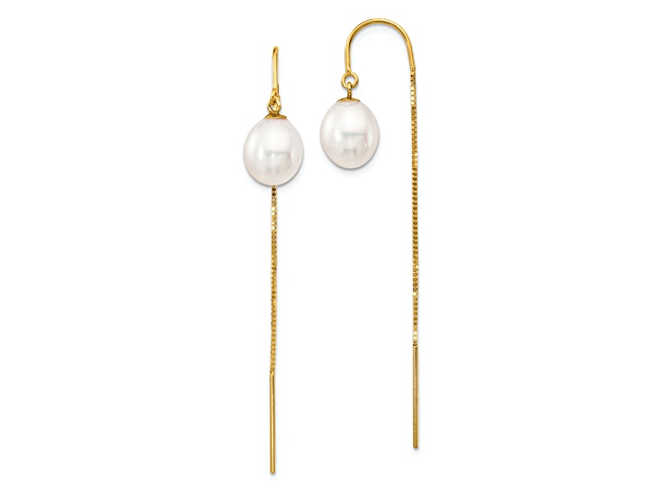 14K Yellow Gold 7-8mm White Rice Freshwater Cultured Pearl Box Chain Threader Earrings