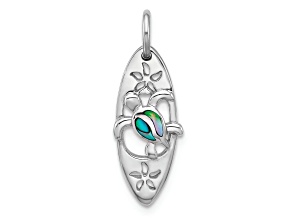Rhodium Over Sterling Silver Polished Paua Shell Turtle Surfboard Pendant