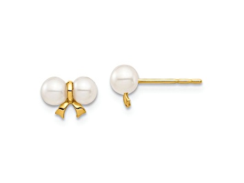 Picture of 14k Yellow Gold 3-4mm White Round Freshwater Cultured Pearl Bow Stud Earrings