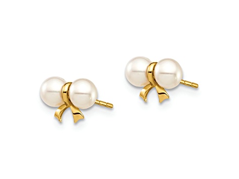 14k Yellow Gold 3-4mm White Round Freshwater Cultured Pearl Bow Stud Earrings