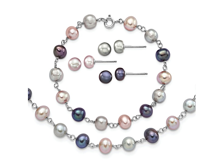 Rhodium Over Sterling Silver Multi-color Freshwater Pearl Necklace/Bracelet/Earring Set