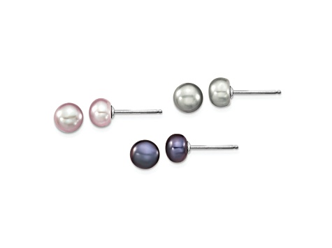 Rhodium Over Sterling Silver Multi-color Freshwater Pearl Necklace/Bracelet/Earring Set