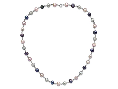 Rhodium Over Sterling Silver Multi-color Freshwater Pearl Necklace/Bracelet/Earring Set