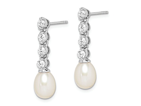 Rhodium Over Sterling Silver 7-8mm White Rice Freshwater Cultured Pearl Cubic Zirconia Earrings