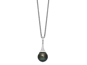 Rhodium Over Sterling Silver 9-10mm Teardrop Tahitian Saltwater Cultured Pearl Necklace