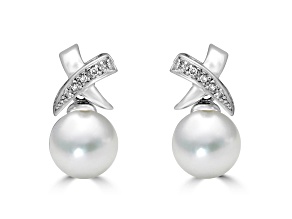 14KW 8.5-9mm  Cultured Pearl Drop Diamond Earrings