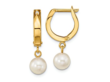 Picture of 14K Yellow Gold 6-7mm White Round Akoya Saltwater Cultured Pearl Hoop Dangle Earrings