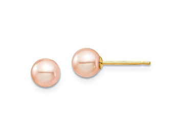 Picture of 14K Yellow Gold 5-6mm Pink Round Freshwater Cultured Pearl Stud Post Earrings