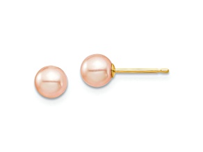 14K Yellow Gold 5-6mm Pink Round Freshwater Cultured Pearl Stud Post Earrings