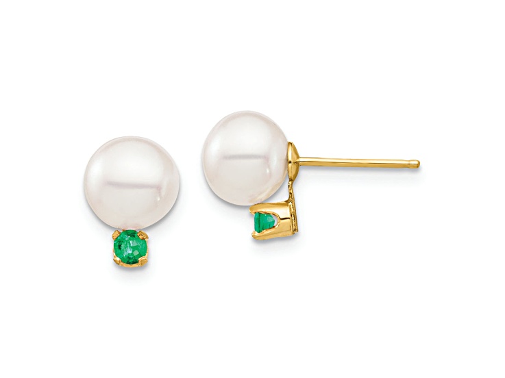 14K Yellow Gold 7-7.5mm White Round Freshwater Cultured Pearl Emerald Post Earrings