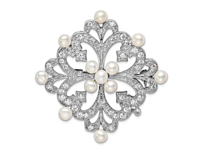 Rhodium Over Sterling Silver Freshwater Cultured Pearl and Cubic Zirconia Pin