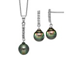 Rhodium Over Sterling Silver 9-10mm Tahitian Pearl Cubic Zirconia Earring and Necklace Set