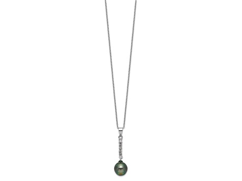 Rhodium Over Sterling Silver 9-10mm Tahitian Pearl Cubic Zirconia Earring and Necklace Set