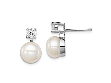 Rhodium Over Sterling Silver 7-8mm White Freshwater Cultured Pearl Cubic Zirconia Post Earrings