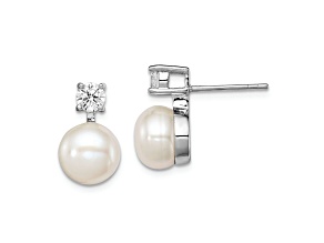 Rhodium Over Sterling Silver 7-8mm White Freshwater Cultured Pearl Cubic Zirconia Post Earrings