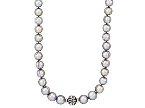 7-10mm Gray Freshwater Pearl with Crystal Accents Sterling Silver Strand Necklace