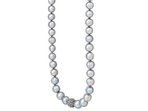 7-10mm Gray Freshwater Pearl with Crystal Accents Sterling Silver Strand Necklace