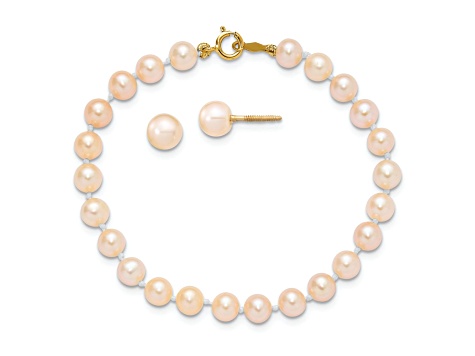 14K Yellow Gold 4-5mm Pink Freshwater Cultured Pearl 5.5 Inch Bracelet and Earrings Set