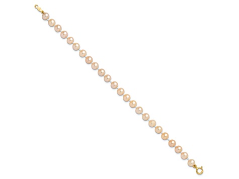 14K Yellow Gold 4-5mm Pink Freshwater Cultured Pearl 5.5 Inch Bracelet and Earrings Set