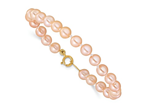 14K Yellow Gold 4-5mm Pink Freshwater Cultured Pearl 5.5 Inch Bracelet and Earrings Set