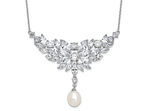 Rhodium Over Sterling Silver Fancy Freshwater Cultured Pearl and Cubic Zirconia Necklace