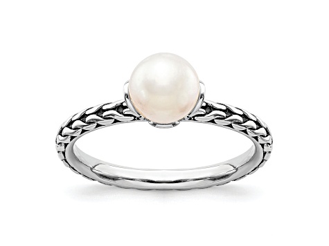 Rhodium Over Sterling Silver Stackable Expressions 7.0-7.5mm White Freshwater Cultured Pearl Ring