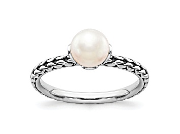 Picture of Rhodium Over Sterling Silver Stackable Expressions 7.0-7.5mm White Freshwater Cultured Pearl Ring