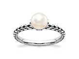 Rhodium Over Sterling Silver Stackable Expressions 7.0-7.5mm White Freshwater Cultured Pearl Ring