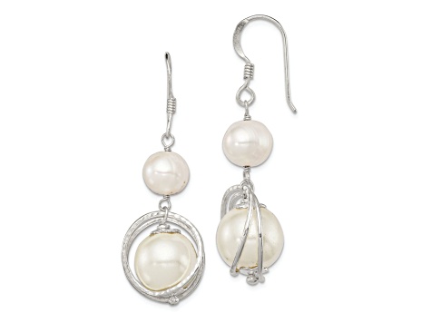 Sterling Silver Polished and Textured Freshwater Cultured Pearl and Shell Pearl Dangle Earrings