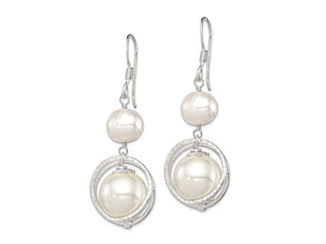 Sterling Silver Polished and Textured Freshwater Cultured Pearl and Shell Pearl Dangle Earrings