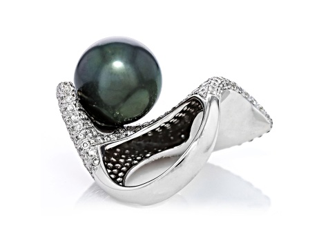 Peacock Tahitian Cultured Pearl With Diamonds 18k White Gold Ring