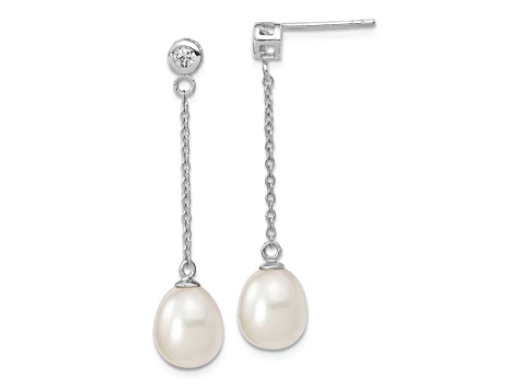 Rhodium Over Sterling Silver 8-9mm Rice Freshwater Cultured Pearl CZ Post Dangle Earrings