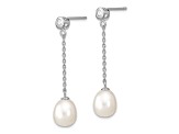 Rhodium Over Sterling Silver 8-9mm Rice Freshwater Cultured Pearl CZ Post Dangle Earrings