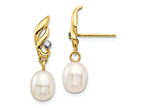 14K Yellow Gold 5-6mm White Rice Freshwater Cultured Pearl 0.02ct Diamond Dangle Earrings