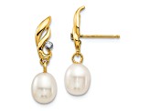 14K Yellow Gold 5-6mm White Rice Freshwater Cultured Pearl 0.02ct Diamond Dangle Earrings